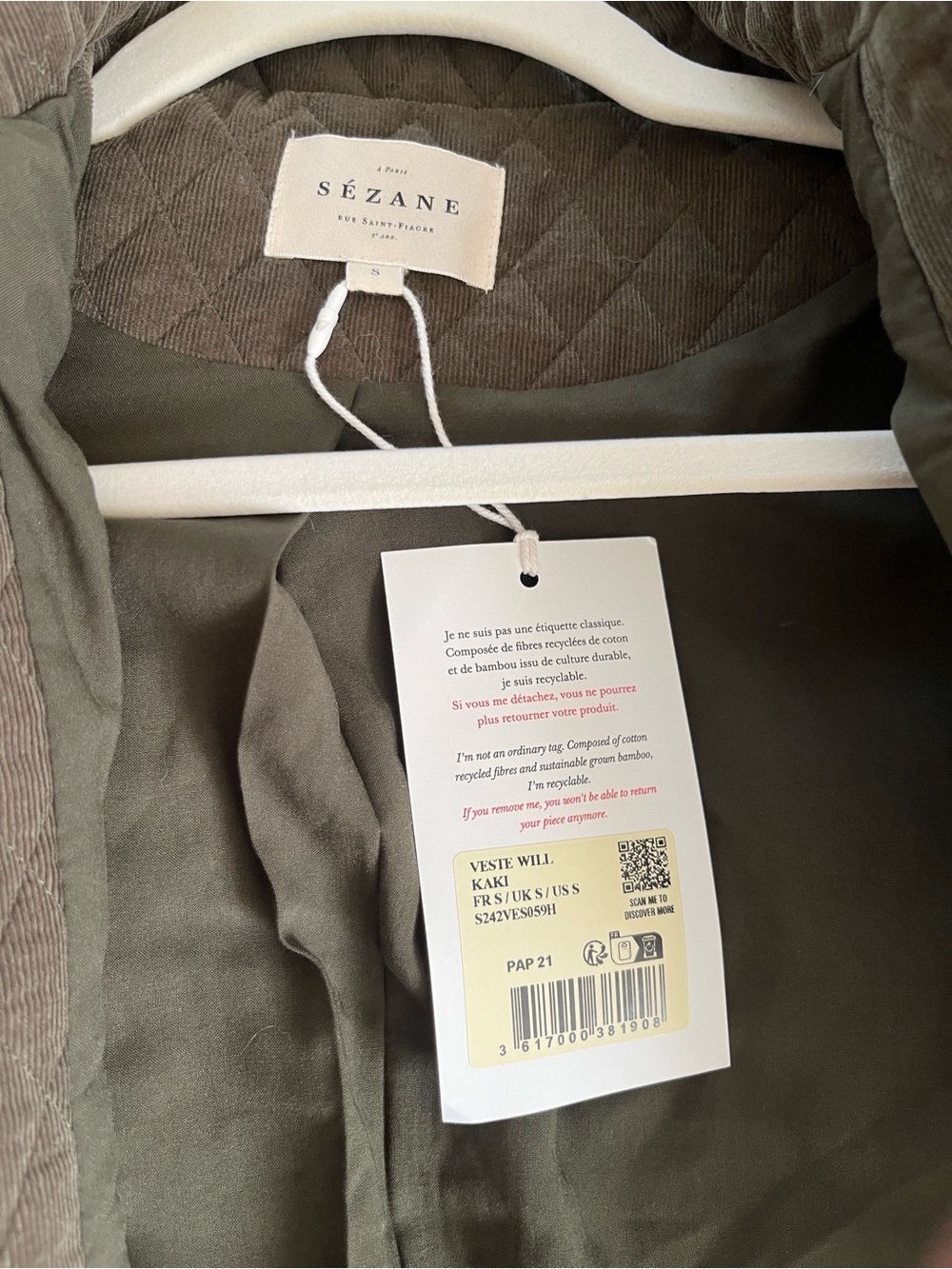 Sezane Will Jacket Quilted Olive Green Small NWT - Picture 5 of 8